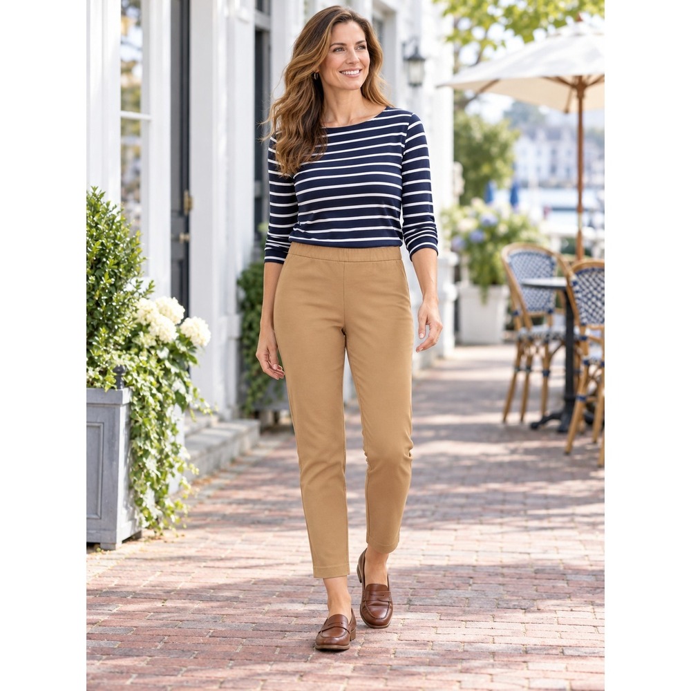 Lands End Women 12 Desert Tan Ankle Pants Midrise Side Zip Stretch Slim Neutral